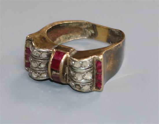 A 1950s continental yellow metal and gem set cocktail ring (a.f.), size N.